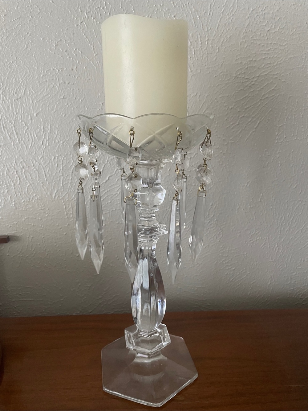 Set of 2-Crystal-Style Clear Glass Candle Holder with Hanging Prisms